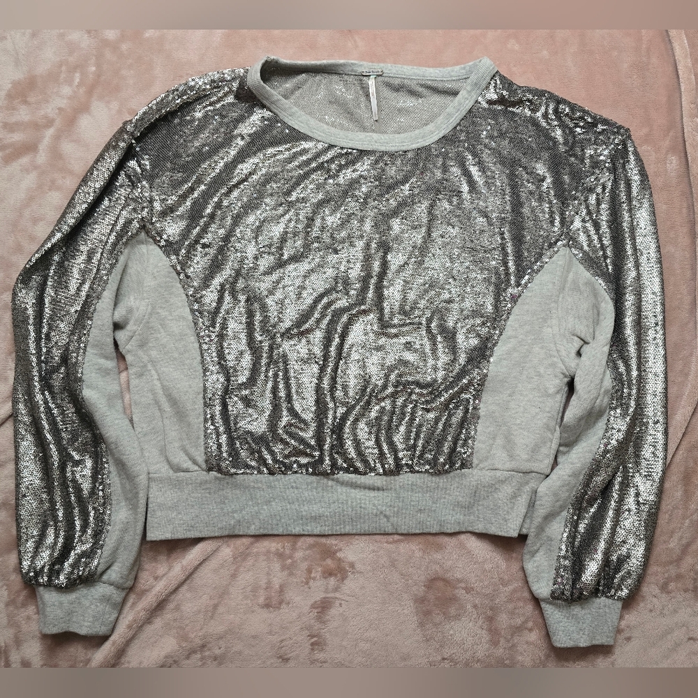 Free People Sequin Sweatshirt Grey Size Large